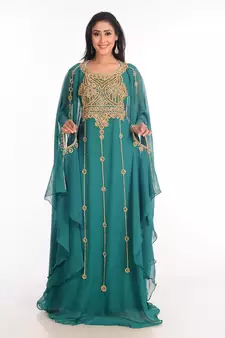 Teal Zari Work Stones & Beads Embellish Georgette  Islamic Style Arabian Maxi Partywear Kaftan