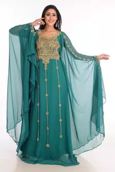 Teal Zari Work Stones & Beads Embellish Georgette  Islamic Style Arabian Maxi Partywear Kaftan