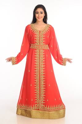 Red Zari Work Stones & Beads Embellish Georgette  Islamic Style Arabian Maxi Partywear Kaftan 1