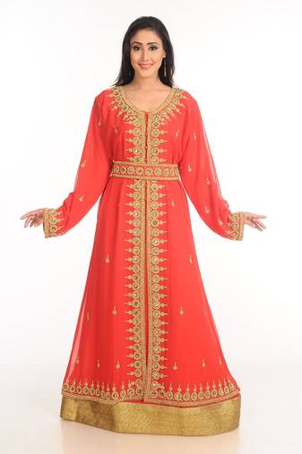 Red Zari Work Stones & Beads Embellish Georgette  Islamic Style Arabian Maxi Partywear Kaftan