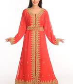 Red Zari Work Stones & Beads Embellish Georgette  Islamic Style Arabian Maxi Partywear Kaftan