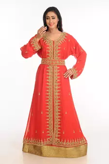 Red Zari Work Stones & Beads Embellish Georgette  Islamic Style Arabian Maxi Partywear Kaftan
