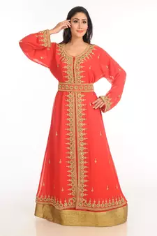 Red Zari Work Stones & Beads Embellish Georgette  Islamic Style Arabian Maxi Partywear Kaftan