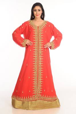 Red Zari Work Stones & Beads Embellish Georgette  Islamic Style Arabian Maxi Partywear Kaftan 4