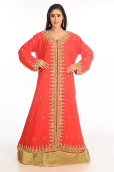 Red Zari Work Stones & Beads Embellish Georgette  Islamic Style Arabian Maxi Partywear Kaftan