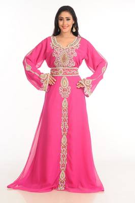 Pink Zari Work Stones & Beads Embellish Georgette  Islamic Style Arabian Maxi Partywear Kaftan 1