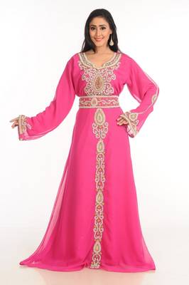 Pink Zari Work Stones & Beads Embellish Georgette  Islamic Style Arabian Maxi Partywear Kaftan 2
