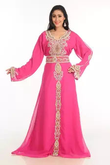 Pink Zari Work Stones & Beads Embellish Georgette  Islamic Style Arabian Maxi Partywear Kaftan