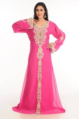 Pink Zari Work Stones & Beads Embellish Georgette  Islamic Style Arabian Maxi Partywear Kaftan 3