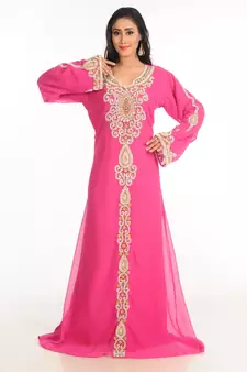 Pink Zari Work Stones & Beads Embellish Georgette  Islamic Style Arabian Maxi Partywear Kaftan
