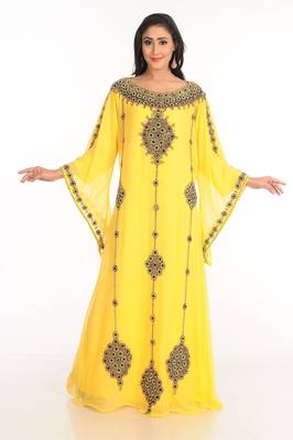 Yellow Zari Work Stones & Beads Embellish Georgette  Islamic Style Arabian Maxi Partywear Kaftan 1