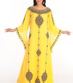 Yellow Zari Work Stones & Beads Embellish Georgette  Islamic Style Arabian Maxi Partywear Kaftan