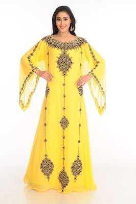 Yellow Zari Work Stones & Beads Embellish Georgette  Islamic Style Arabian Maxi Partywear Kaftan 2