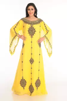 Yellow Zari Work Stones & Beads Embellish Georgette  Islamic Style Arabian Maxi Partywear Kaftan