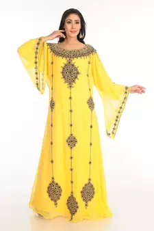 Yellow Zari Work Stones & Beads Embellish Georgette  Islamic Style Arabian Maxi Partywear Kaftan