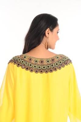 Yellow Zari Work Stones & Beads Embellish Georgette  Islamic Style Arabian Maxi Partywear Kaftan 4