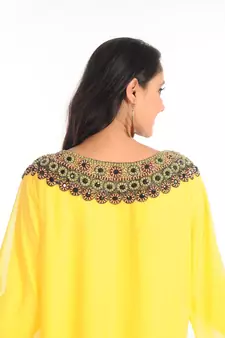 Yellow Zari Work Stones & Beads Embellish Georgette  Islamic Style Arabian Maxi Partywear Kaftan