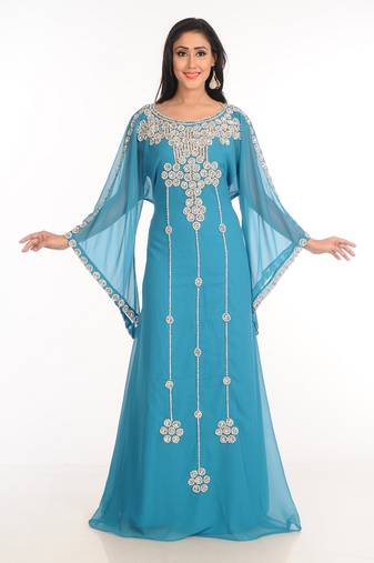 Blue Zari Work Stones & Beads Embellish Georgette  Islamic Style Arabian Maxi Partywear Kaftan