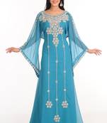 Blue Zari Work Stones & Beads Embellish Georgette  Islamic Style Arabian Maxi Partywear Kaftan