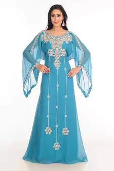Blue Zari Work Stones & Beads Embellish Georgette  Islamic Style Arabian Maxi Partywear Kaftan