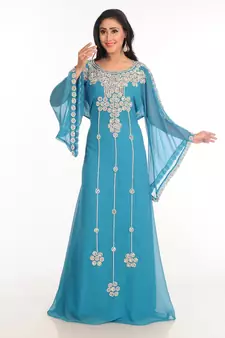 Blue Zari Work Stones & Beads Embellish Georgette  Islamic Style Arabian Maxi Partywear Kaftan