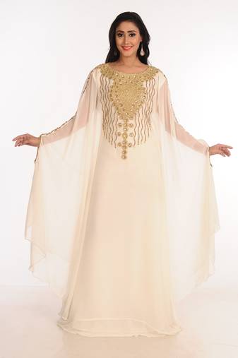 Cream Zari Work Stones & Beads Embellish Georgette  Islamic Style Arabian Maxi Partywear Kaftan