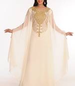 Cream Zari Work Stones & Beads Embellish Georgette  Islamic Style Arabian Maxi Partywear Kaftan