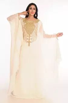 Cream Zari Work Stones & Beads Embellish Georgette  Islamic Style Arabian Maxi Partywear Kaftan
