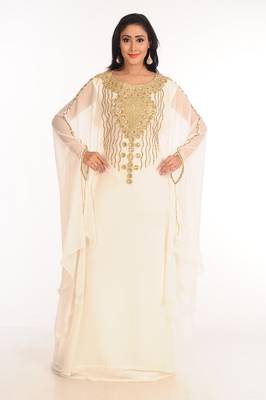 Cream Zari Work Stones & Beads Embellish Georgette  Islamic Style Arabian Maxi Partywear Kaftan 3