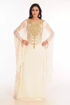 Cream Zari Work Stones & Beads Embellish Georgette  Islamic Style Arabian Maxi Partywear Kaftan