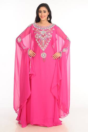 Pink Zari Work Stones & Beads Embellish Georgette  Islamic Style Arabian Maxi Partywear Kaftan