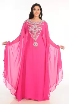 Pink Zari Work Stones & Beads Embellish Georgette  Islamic Style Arabian Maxi Partywear Kaftan