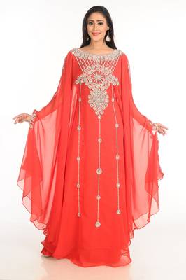 Red Zari Work Stones & Beads Embellish Georgette  Islamic Style Arabian Maxi Partywear Kaftan 1
