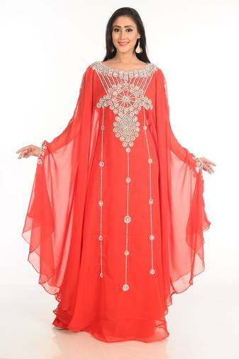 Red Zari Work Stones & Beads Embellish Georgette  Islamic Style Arabian Maxi Partywear Kaftan