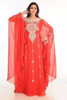 Red Zari Work Stones & Beads Embellish Georgette  Islamic Style Arabian Maxi Partywear Kaftan