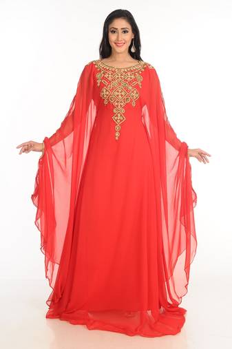 Red Zari Work Stones & Beads Embellish Georgette  Islamic Style Arabian Maxi Partywear Kaftan