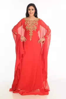 Red Zari Work Stones & Beads Embellish Georgette  Islamic Style Arabian Maxi Partywear Kaftan