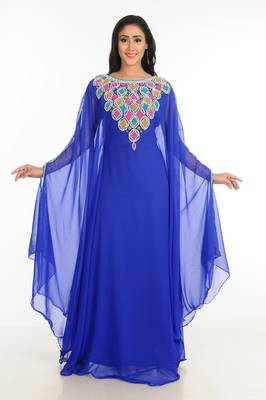 Blue Zari Work Stones & Beads Embellish Georgette  Islamic Style Arabian Maxi Partywear Kaftan 1