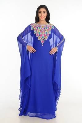 Blue Zari Work Stones & Beads Embellish Georgette  Islamic Style Arabian Maxi Partywear Kaftan 2