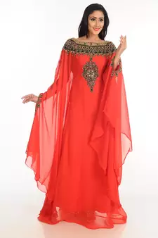 Red Zari Work Stones & Beads Embellish Georgette  Islamic Style Arabian Maxi Partywear Kaftan