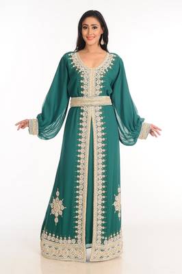 Green  Zari Work Stones & Beads Embellish Georgette  Islamic Style Arabian Maxi Partywear Kaftan 1