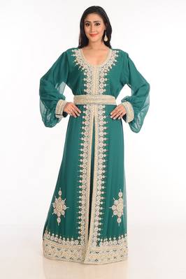 Green  Zari Work Stones & Beads Embellish Georgette  Islamic Style Arabian Maxi Partywear Kaftan 2