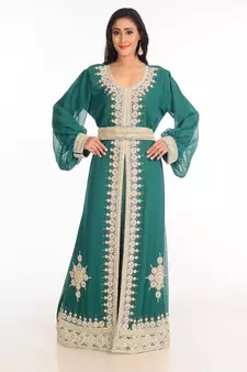 Green  Zari Work Stones & Beads Embellish Georgette  Islamic Style Arabian Maxi Partywear Kaftan