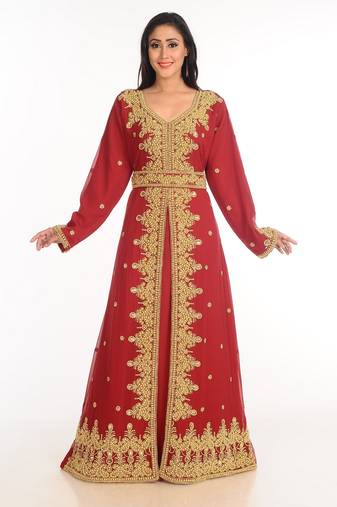 Red Zari Work Stones & Beads Embellish Georgette  Islamic Style Arabian Maxi Partywear Kaftan
