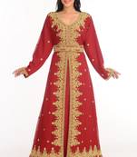 Red Zari Work Stones & Beads Embellish Georgette  Islamic Style Arabian Maxi Partywear Kaftan