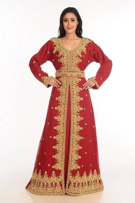 Red Zari Work Stones & Beads Embellish Georgette  Islamic Style Arabian Maxi Partywear Kaftan 2