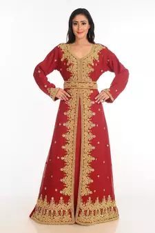 Red Zari Work Stones & Beads Embellish Georgette  Islamic Style Arabian Maxi Partywear Kaftan