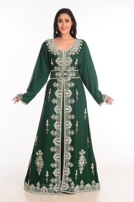 Green  Zari Work Stones & Beads Embellish Georgette  Islamic Style Arabian Maxi Partywear Kaftan 1