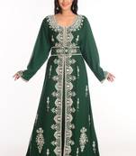 Green  Zari Work Stones & Beads Embellish Georgette  Islamic Style Arabian Maxi Partywear Kaftan