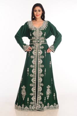 Green  Zari Work Stones & Beads Embellish Georgette  Islamic Style Arabian Maxi Partywear Kaftan 2